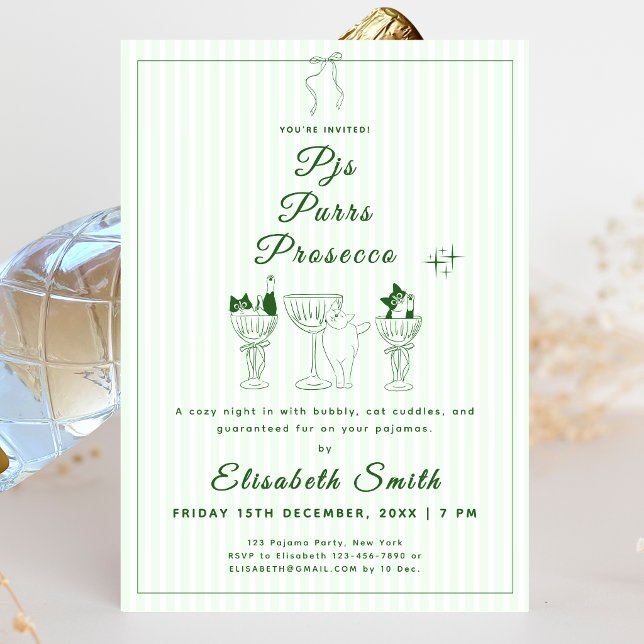 Convite para Festa de Pijamas de Gato 'PJs, Ronron (PJs, Purrs & Prosecco Cat Pajama Party Invitation)