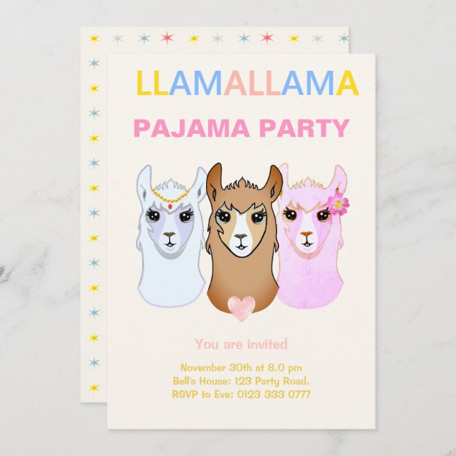 Convite para Festa de Pijamas de Llama (Frente/Verso)