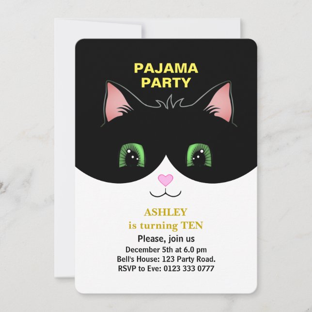 Convite para Festa de Pijamas & Gato de Smoking Fo (Frente)
