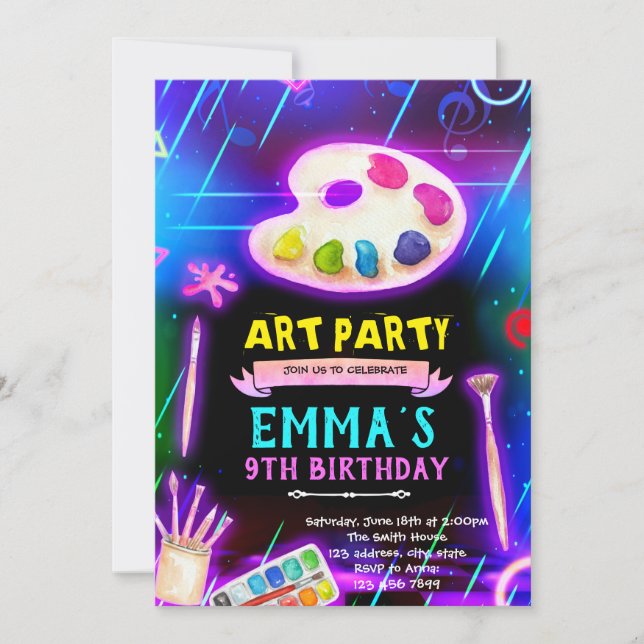 convite para festa de pintura com brilho de neon (Frente)