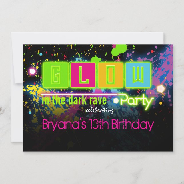 Convite para festa de pintura neon brilhante no es (Frente)