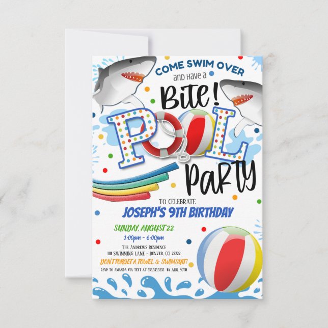 Convite para Festa de Piscina de Ataque de Tubarão (Frente)