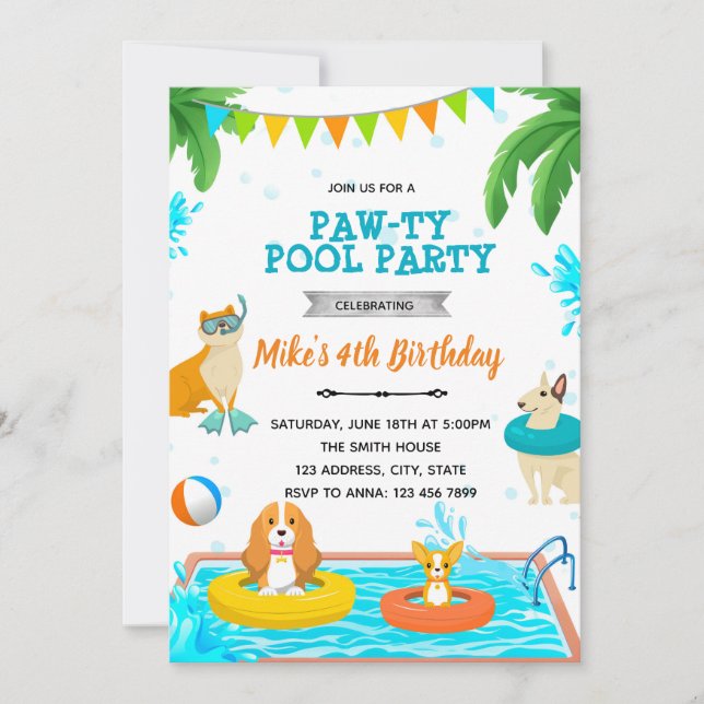 convite para festa de piscina de cachorrinho (Frente)