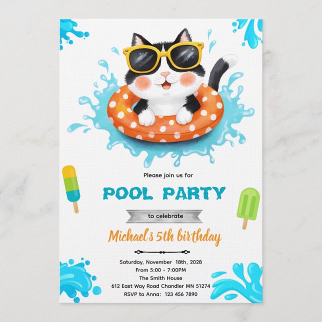 Convite para festa de piscina de gato (Frente)