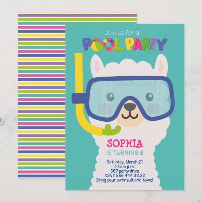 CONVITE PARA FESTA DE PISCINA DE LLAMA (Frente/Verso)