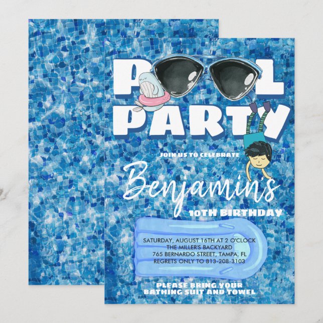 Convite para Festa de Piscina de Meninos (Frente/Verso)