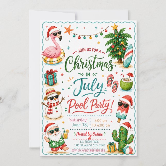 Convite para Festa de Piscina de Natal em Julho (Frente)