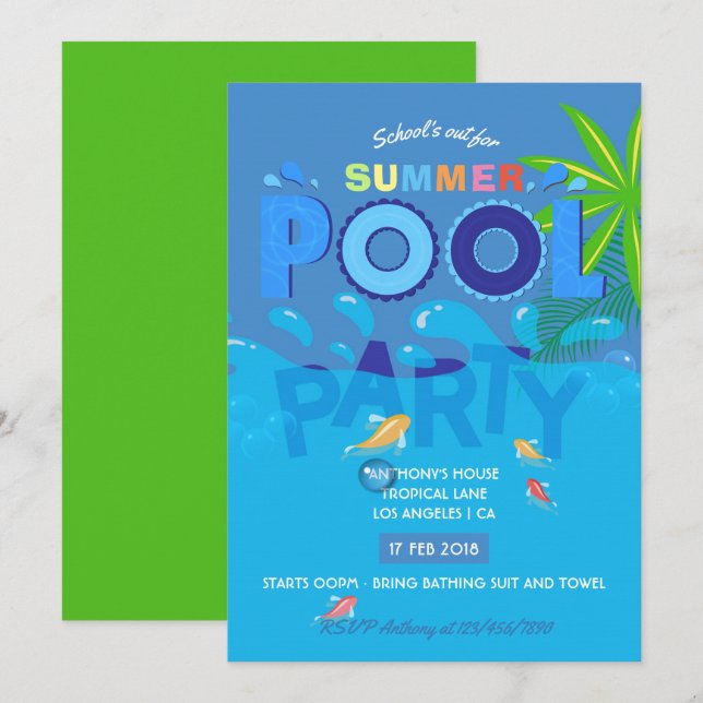 Convite para Festa de Piscina de Verão Fim das Aul (Frente/Verso)
