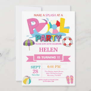 Convite para Festa de Piscina de Verão Menina Espi
