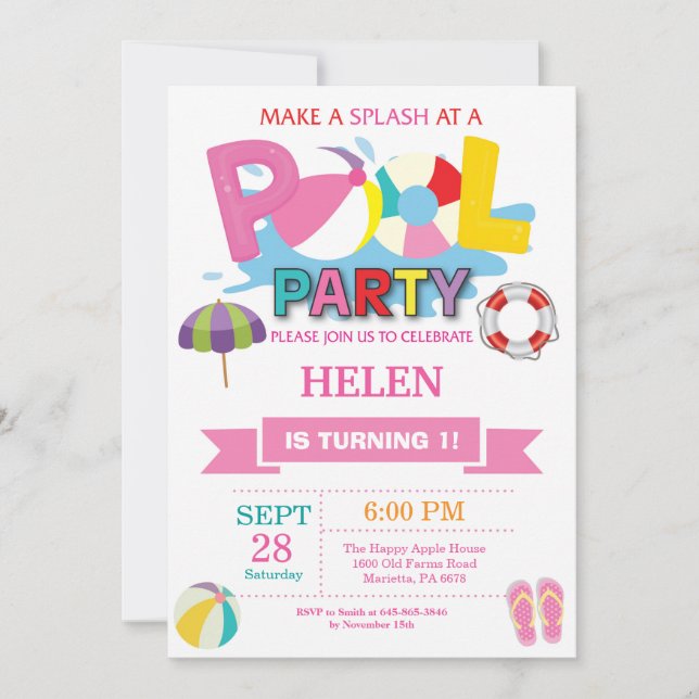 Convite para Festa de Piscina de Verão Menina Espi (Frente)