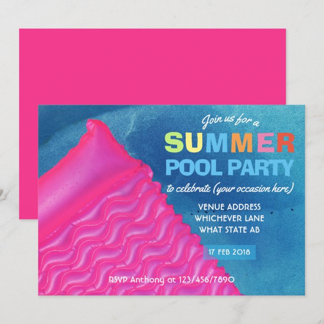 Convite para Festa de Piscina de Verão para Qualqu (Frente/Verso)