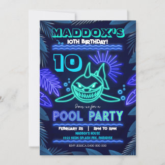 Convite para Festa de Piscina Neon Shark