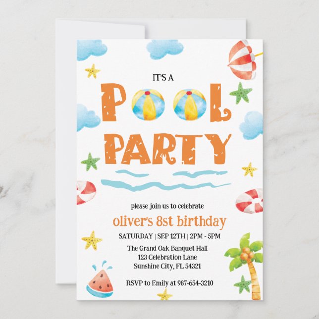 Convite para Festa de Piscina para Crianças  (Frente)