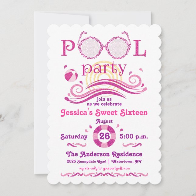 Convite para Festa de Piscina Sweet 16 (Frente)