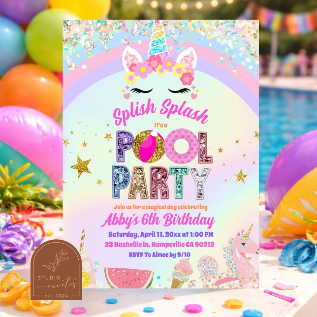 Convite para Festa de Piscina Unicórnio Arco-íris  (Criador carregado)