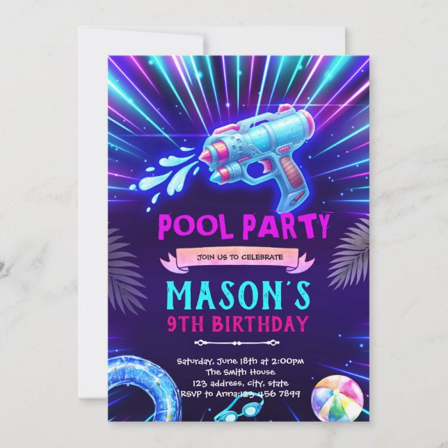 Convite para Festa de Pistola de Água Neon (Frente)