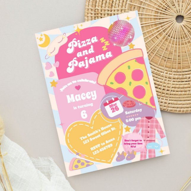 Convite para Festa de Pizza e Pijamas de Sono das  (pizza party invitation, pajama party invite, sleepover birthday invite, girls birthday invitation, p)