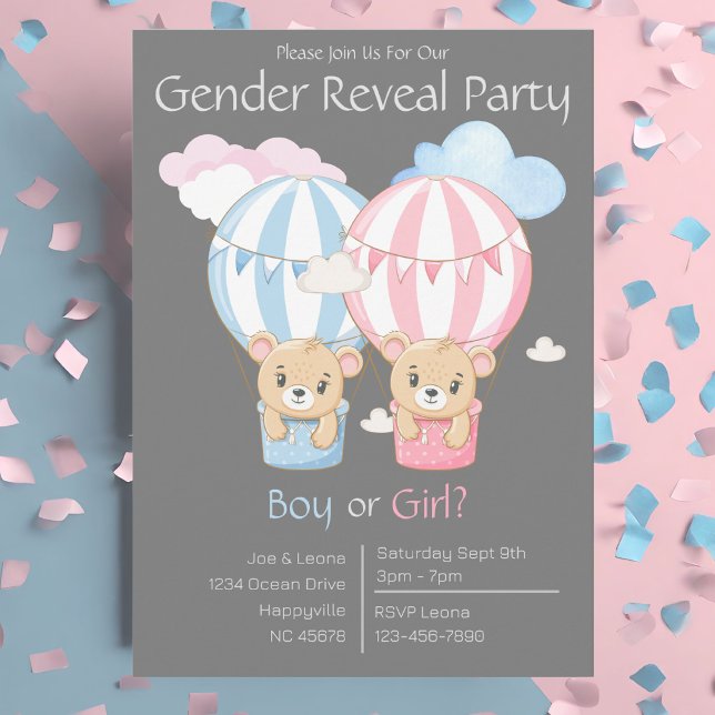 Convite para Festa de Revelação de Gênero Ursos e  (Bears and Balloons Gender Reveal Party Invitation)
