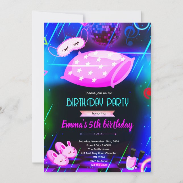 convite para festa de slumber neon (Frente)