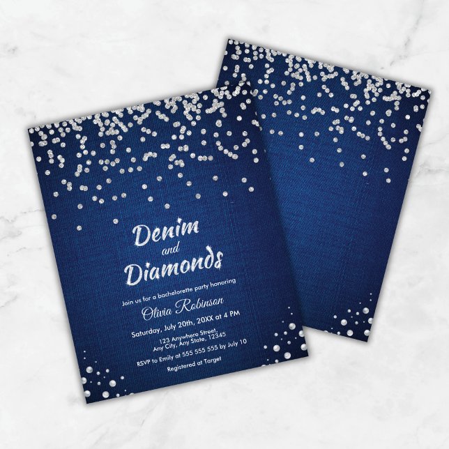 Convite para Festa de solteira Blue Denim e Diaman (Budget Blue Denim and Diamonds Bachelorette Party Invite     )