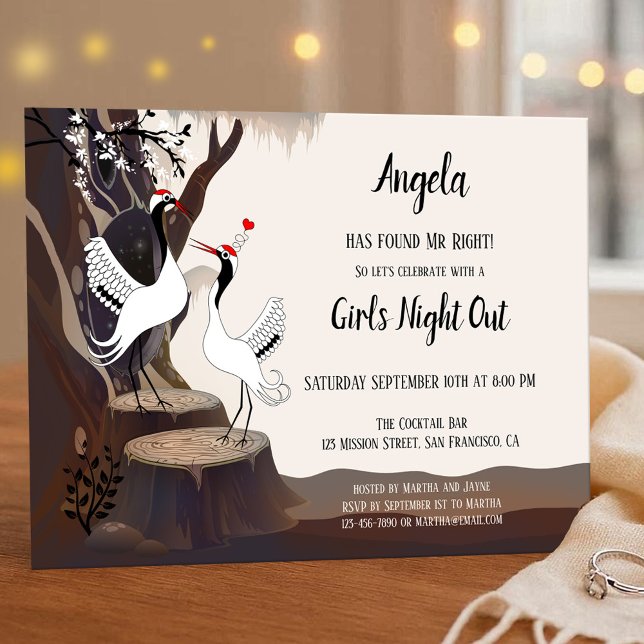 Convite para Festa de solteira de gruas japonesas (Whimsical bachelorette party invitation featuring a drawing of two Japanese cranes in a forest)
