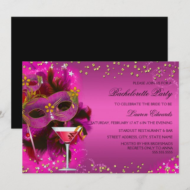 Convite para Festa de solteira de máscara de pena (Frente/Verso)