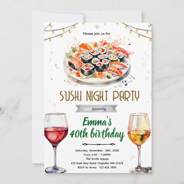 convite para festa de sushi e vinho à noite (Frente)