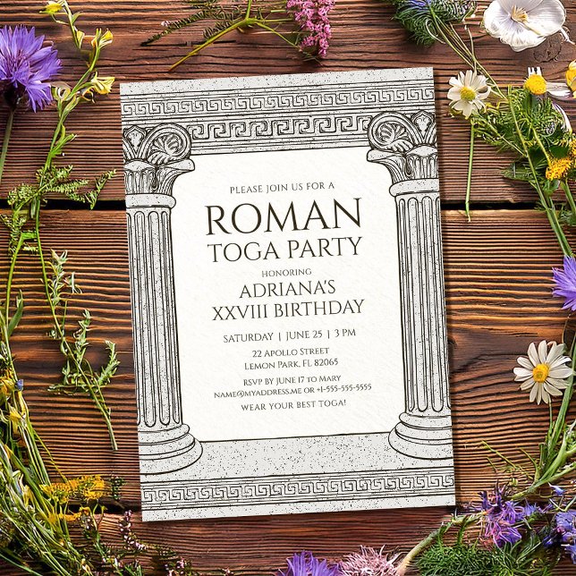 Convite para Festa de Toga Romana com colunas eleg (Criador carregado)