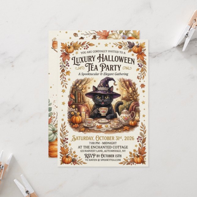 Convite para Festa do Chá de Halloween de Gato Pre (Frente/Verso In Situ)