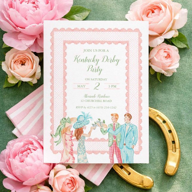 Convite para Festa do Kentucky Derby, Design Aquar (Elegant Kentucky Derby party invitation with roses, gold horseshoe, and garden greens)