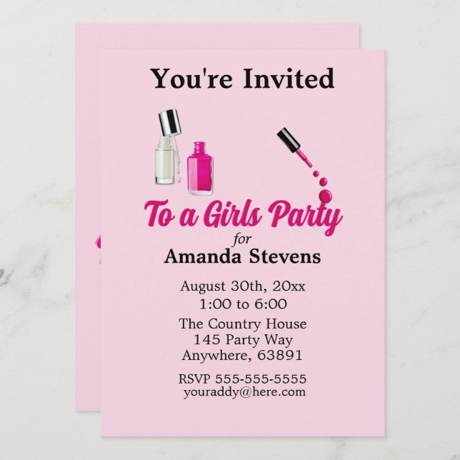 Convite para Festa do Pijama com Esmalte Rosa (Frente/Verso)