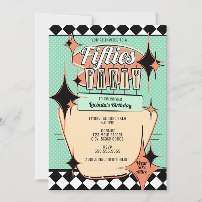 Convite para Festa dos Anos Cinquenta no Estilo Mo (Frente)