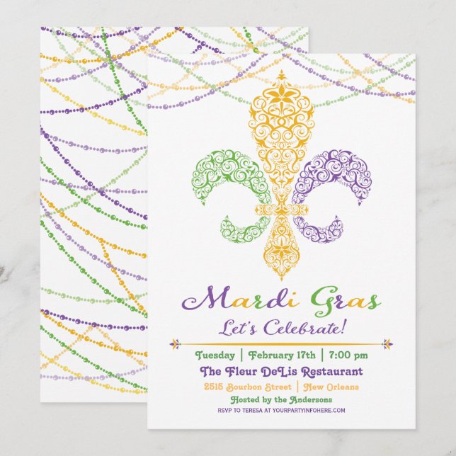 Convite para Festa Mardi Gras Fleur DeLis (Frente/Verso)