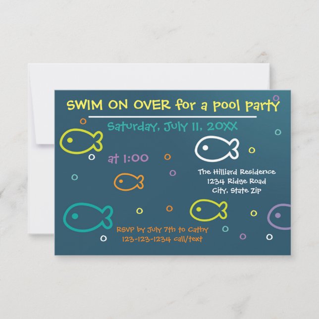 Convite para Festa na Piscina 3x5 - Peixes & Bolha (Frente)