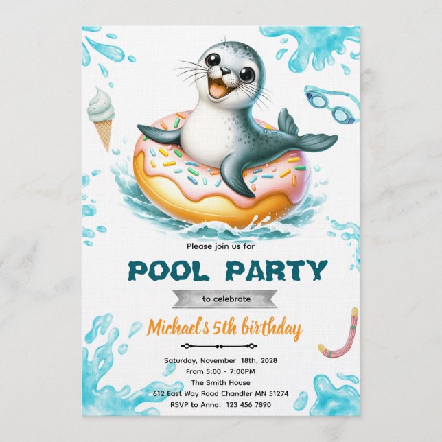 convite para festa na piscina de foca (Frente)