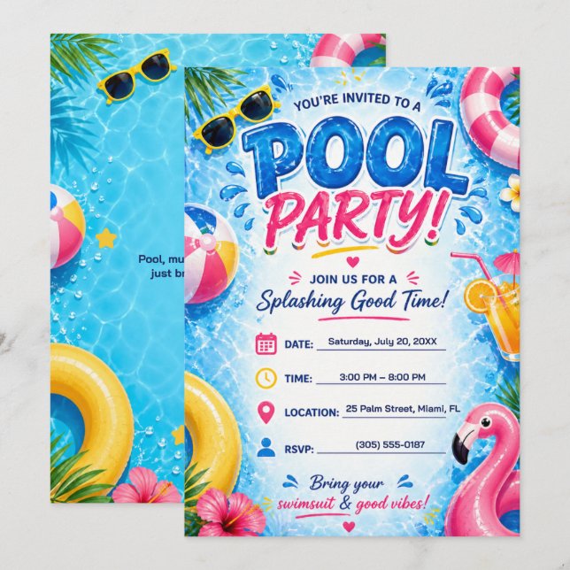 Convite para Festa na Piscina Diversão de Verão Tr (Frente/Verso)