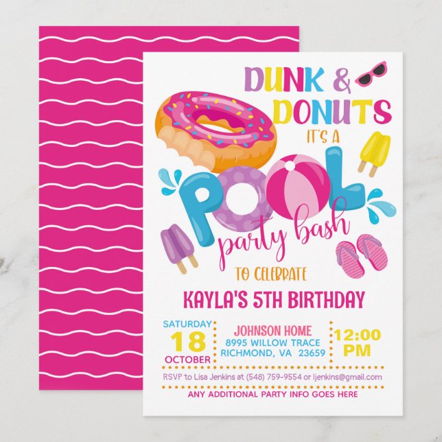 Convite para Festa na Piscina Dunk & Donuts (Frente/Verso)