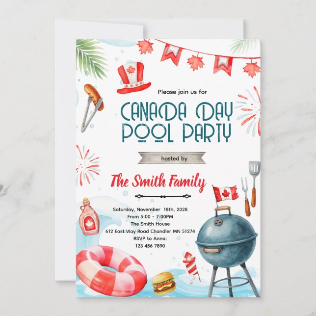 convite para festa na piscina no dia do Canadá (Frente)