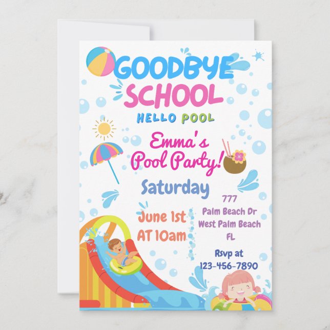 Convite para Festa na Piscina no Fim das Aulas  (Frente)