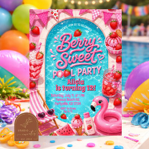 Convite para festa na piscina Pink Girl Berry Swee