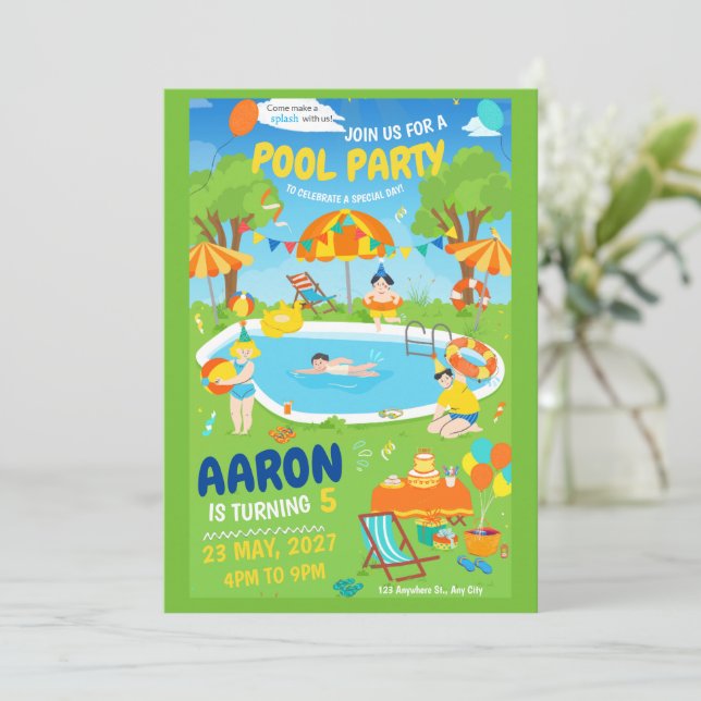 Convite para Festa na Piscina Splish Splash Piscin (Em pé/Frente)