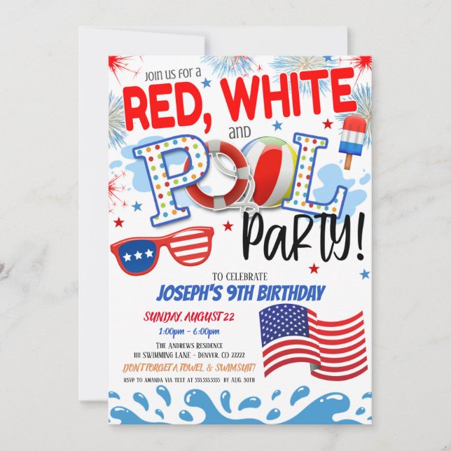 Convite para Festa na Piscina Vermelho Branco e Az (Frente)