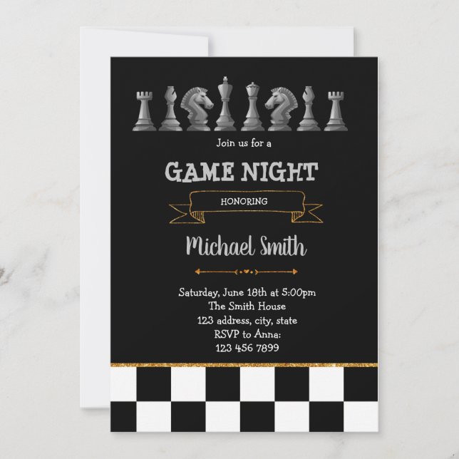 Convite para festa noturna de jogo de xadrez (Frente)