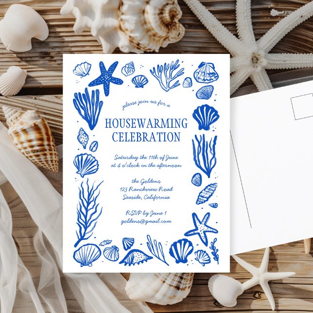 Convite para FESTA Personalizada de AQUECIMENTO DO (Blue Seashells Custom HOUSEWARMING PARTY New Home New Apartment Postcard Beach Blue White Chic
)