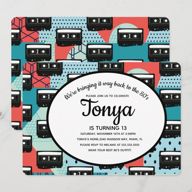 Convite para Festa Retro de Cassete dos Anos 80 e  (Frente/Verso)