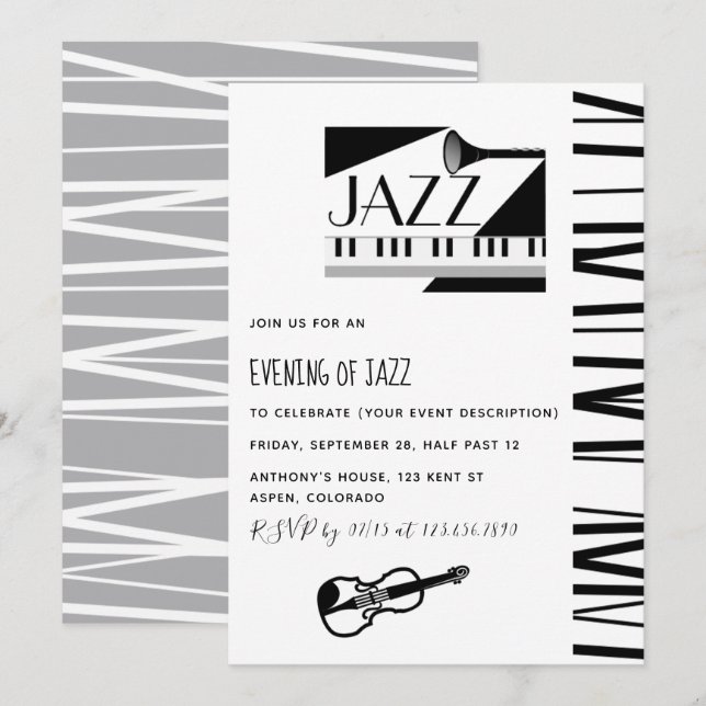 Convite para festa temática de Jazz Blues (Frente/Verso)