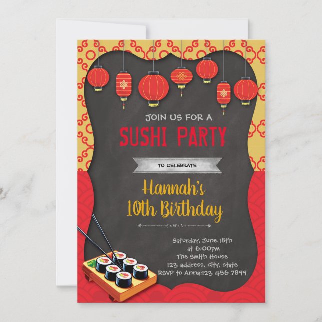 convite para festa temática de sushi (Frente)
