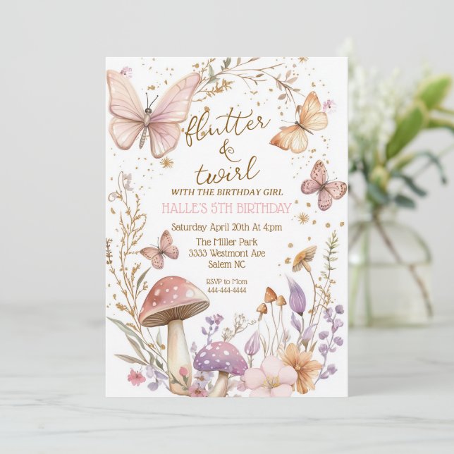 Convite para festas de aniversário de borboletas d (Em pé/Frente)