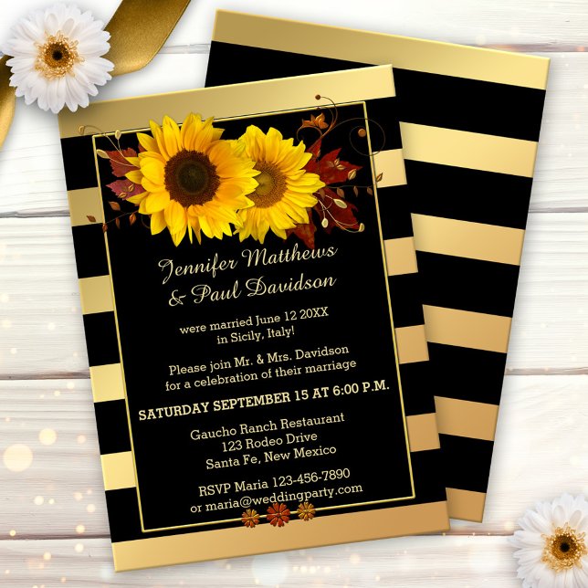 Convite para Festas de casamento de Posto de giras (Chic gold black striped after wedding invitation with sunflowers)
