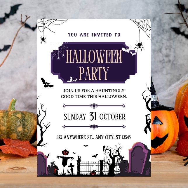 Convite para Festas de Dia das Bruxas de Spooky Gr (Spooky Graveyard & Bats Halloween Party Invitation
)